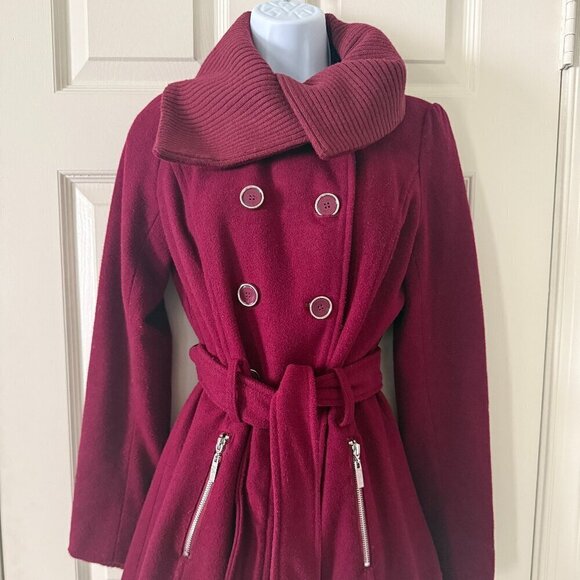 Guess Los Angeles Stylish Burgundy Double-Breasted Belted Coat - Size XS - Picture 1 of 10